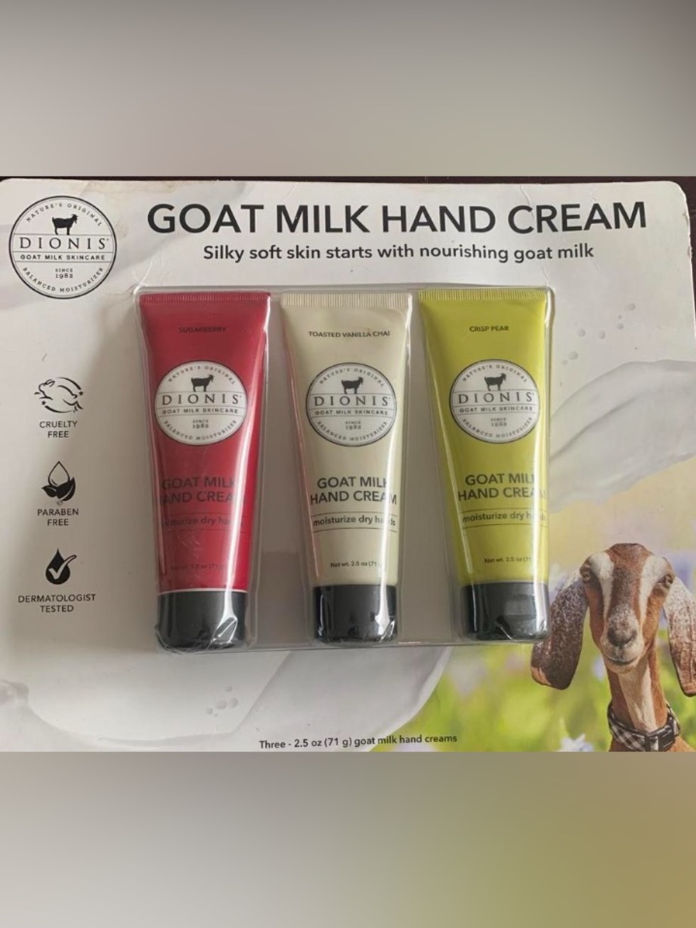 Dionis Goat Milk Hand Cream Trio – Red, Cream & Green